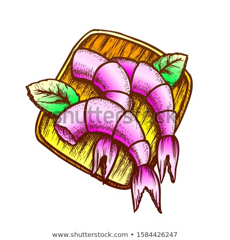 ストックフォト: Shrimps With Basil On Wooden Board Ink Vector