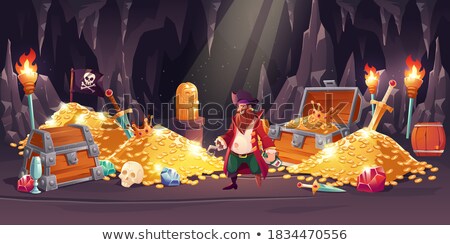 Foto stock: Baby Pirate In Treasure Chest On The Beach