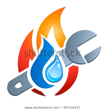 Сток-фото: Water Drop With Flame And Adjustable Wrench - Plumbing Logo