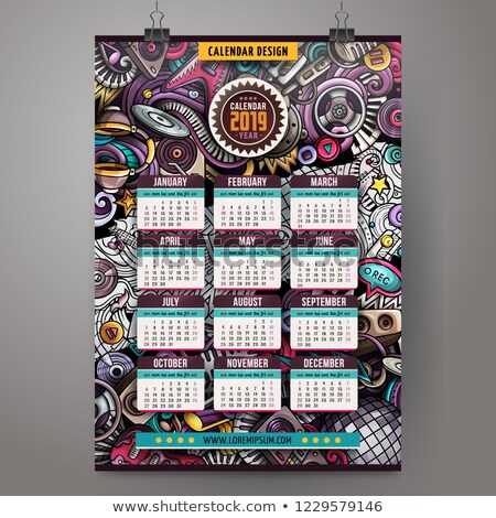 Stok fotoğraf: Cartoon Colorful Hand Drawn Doodles Disco Music 2019 Year Calendar Template