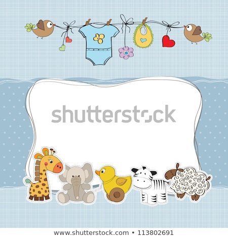 Stok fotoğraf: Childish Baby Shower Card With Hippo Toy