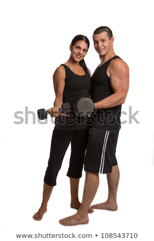 ストックフォト: Athletic Man And Woman With Dumbbells On The White Background