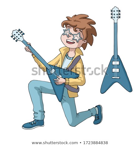 Stok fotoğraf: Happy Male Guitarist Standing On Knees And Playing Electric Guitar
