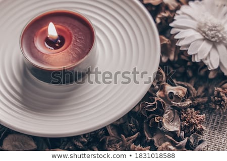 Stock fotó: Burning Lights And Candle Rose On White Wooden Background Christmas Home Decor
