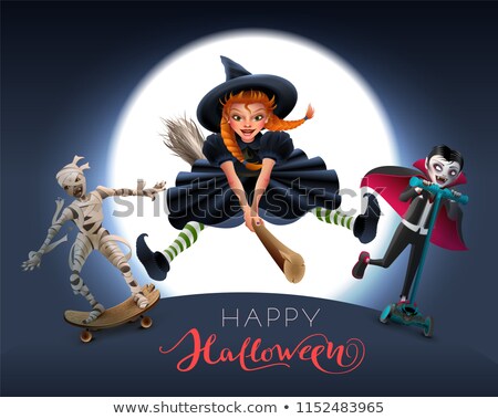 Foto stock: Happy Halloween Greeting Card Text Witch On Broom Mummy And Vampire In Night