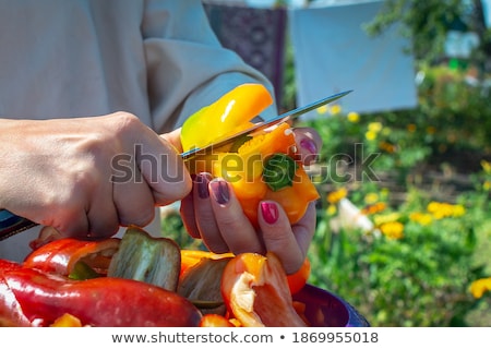 ストックフォト: Female Hands Of Housewife With A Knife Cut Fresh Bell Pepper On