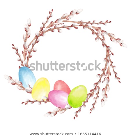 Stockfoto: Pussy Willow Branches And Colored Easter Eggs