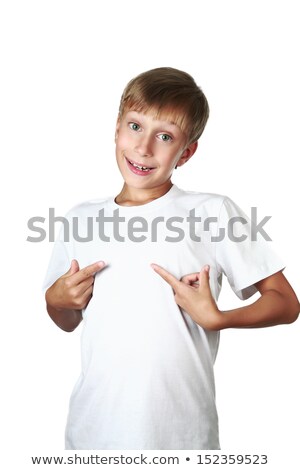 Foto stock: Smiling Teenager With The At Symbol On His T Shirt