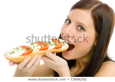 Stockfoto: Ezonde · levensstijl · - · Vrouw · geniet · van · Caprese · Sandwich