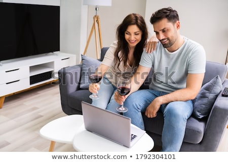 Foto stock: Virtual Wine Tasting Using Laptop Online Party