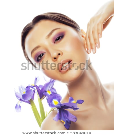 Stockfoto: Young Pretty Asian Woman With Flower Purple Orchid Close Up Isol