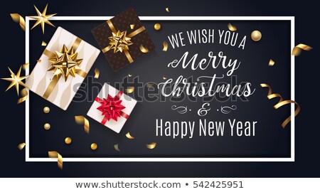 Foto stock: Vector Merry Christmas Happy Holidays Illustration With Typographic Design And Gift Box On Red Snowf