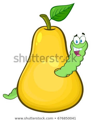 Stockfoto: Yellow Pear Fruit With Green Leaf And A Worm Cartoon Mascot Character