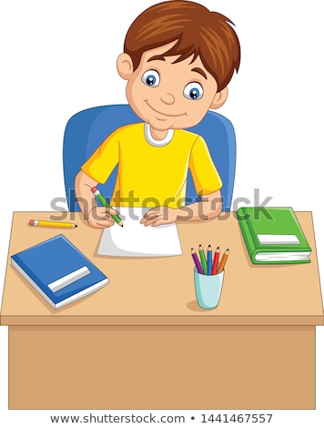 Stok fotoğraf: Happy Little Boy Writing To Notebook At Home