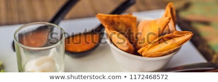 Stock photo: Lifestyle Food The Dish Consists Of Salad Samosa And Several Kinds Of Sauces Banner Long Format