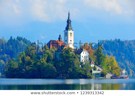 Stock fotó: Church And Bled Castle On Bled Lake In Slovenia At Night