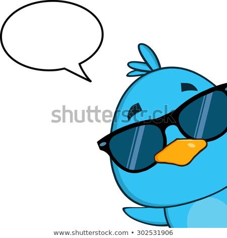 Foto stock: Cute Blue Bird With Sunglasses Cartoon Character Looking From A Corner With Speech Bubble