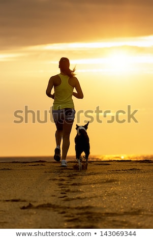 Foto stock: Woman And Dog Running Towards The Sun