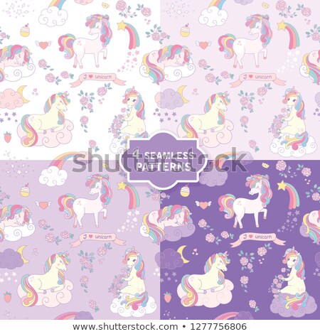 ストックフォト: Hand Drawn Seamless Vector Pattern With Cute Unicorns In 4 Colors