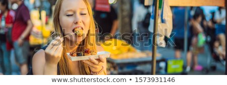 Stok fotoğraf: Young Woman Tourist On Walking Street Asian Food Market Banner Long Format