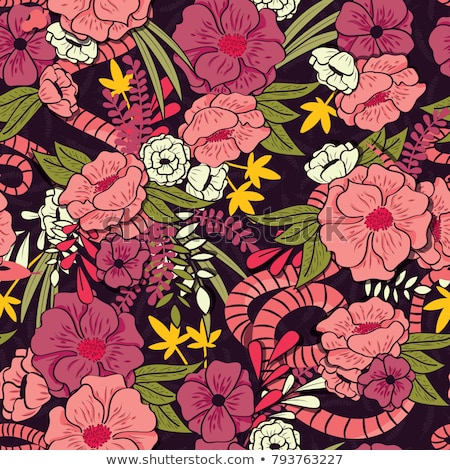 Stock foto: Floral Jungle With Snakes Seamless Pattern Tropical Flowers And Leaves Botanical Hand Drawn Vibran