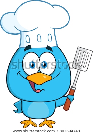 Stockfoto: Chef Blue Bird Cartoon Character Holding A Slotted Spatula