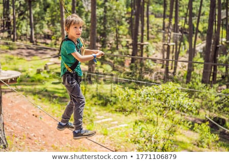 Foto d'archivio: Portrait Of Cute Little Boy And Girl Walk On A Rope Bridge In An Adventure Rope Park