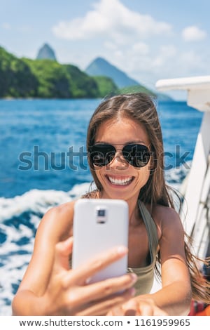 Caribbean Travel Girl Taking Photo With Phone On St Lucia Pitons Boat Cruise Ride In Tropical Vacati Stockfoto © Maridav