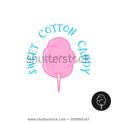 Foto d'archivio: Pink Cotton Candy On Stick Sugar Cloud Tasty Dessert Poster With Text Isolated On Blue Backgroun