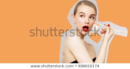 Stockfoto: Diet Concept Nutrition Beautiful Smiling Woman Eating Sushi Roll With Chopsticks Fashion Portrait