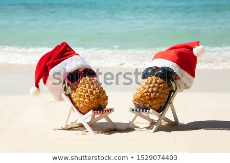 Stock photo: Pineapple With Santa Hat On Deck Chair At Beach