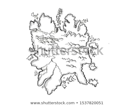 Foto stock: Island With Mountains And Rivers Vintage Fantasy Map Cartoon Retro Drawing