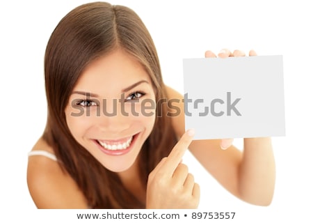 ストックフォト: Beautiful Smiling Woman Pointing At Blank Gift Card Sign