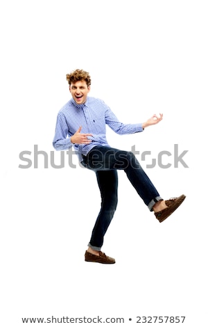 Stock fotó: Funny Man Holding Imaginary Guitar Isolated On A White Background