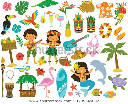 Stockfoto: Hawaii Tropical Clipart Set With Kids