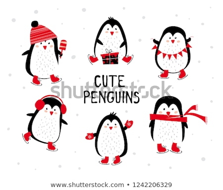 Stock photo: Cute Penguin With Red Scarf On Ice Skates Illustration