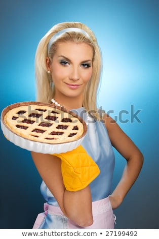 Foto d'archivio: Beautiful Woman Holding Hot Italian Pie Retro Stylized Portrait