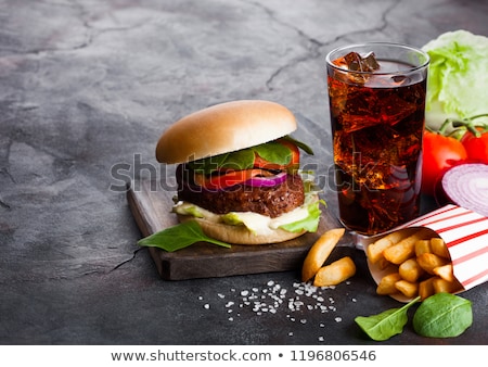 Stock fotó: Fresh Beef Burger With Sauce And Vegetables And Glass Of Cola Soft Drink With Potato Chips Fries On