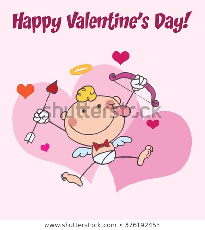 Stock fotó: Stick Cupid In Front Of Hearts Holding Up A Bow And Arrow