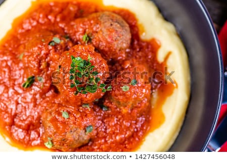 Foto stock: Bowl Of Meatballs With Tomato Sauce And Mashed Potatoes