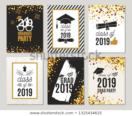 ストックフォト: Graduating Class Of 2019 Poster Party Invitation Greeting Card In Gold Colors Grad Poster Vecto