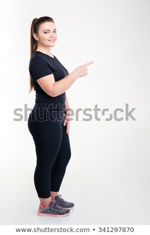 Stockfoto: Sports Fat Woman Pointing Finger Away