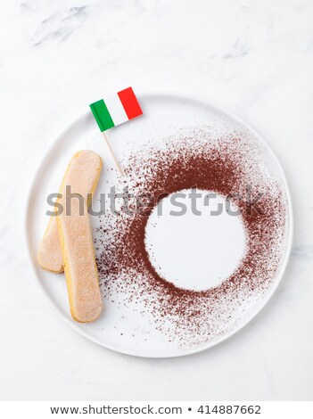 Stok fotoğraf: Ingredients For Tiramisu Dessert With Italian Flag On A White Plate Savoiardi Cookies Cocoa Powder