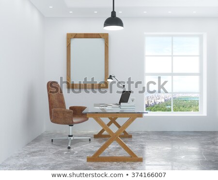 Zdjęcia stock: Workplace With Cup And Blank Frame 3d Rendering