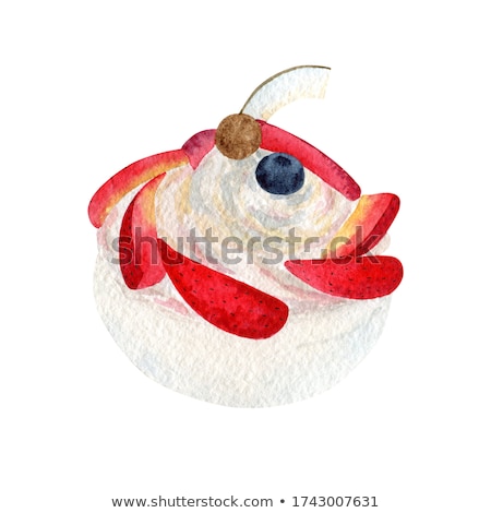 Stockfoto: Watercolor Coconut And Strawberry On Brown Background