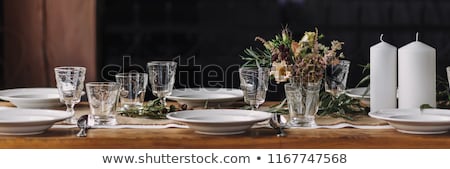 Stok fotoğraf: Long Dinner Table White Tablecloth Candle Wedding