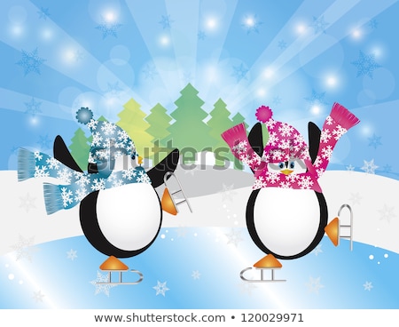 [[stock_photo]]: Penguins Pair Ice Skating In Winter Scene Illustration