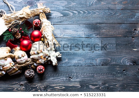 Foto stock: Merry Christmas Frame With Real Wood Green Pine And Colorful Baubles