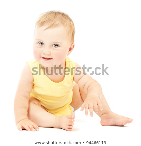 Foto stock: Baby Girl Sitting On Floor Isolated Over White Background