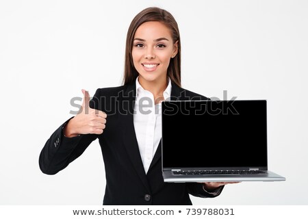 Foto stock: Happy Pretty Businesswoman Showing Display Of Laptop With Thumbs Up